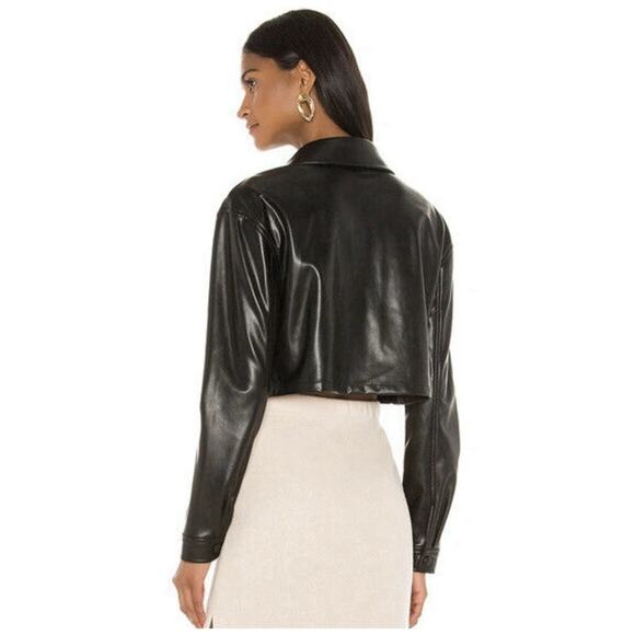 Revolve L’Academie Fearless Cropped Black Leather Shirt Jacket Sz XS - Picture 4 of 13